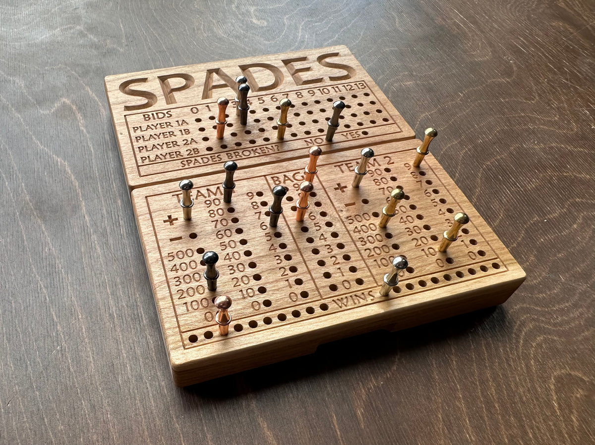 Folding Spades Score Board | Travel Size | Built-in Storage | Metal Pegs | Card Game | Personalized | Custom Engraving | Solid Cherry Wood