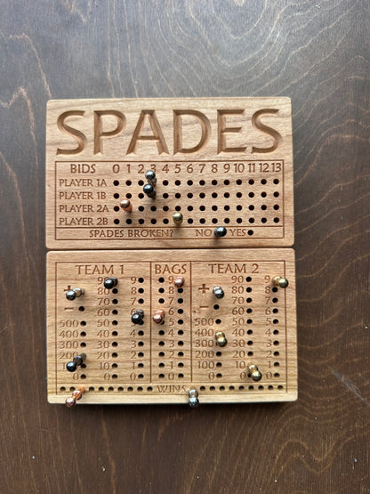 Folding Spades Score Board | Travel Size | Built-in Storage | Metal Pegs | Card Game | Personalized | Custom Engraving | Solid Cherry Wood