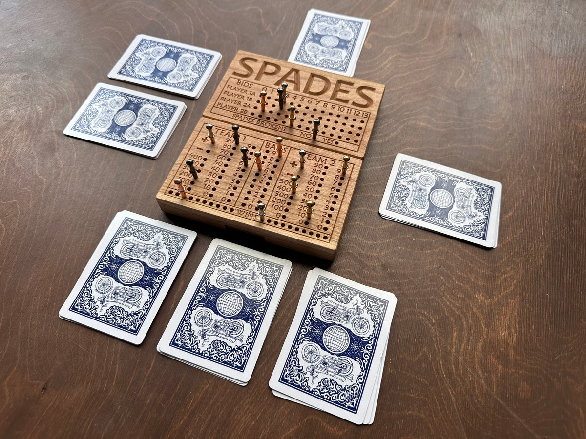 Folding Spades Score Board | Travel Size | Built-in Storage | Metal Pegs | Card Game | Personalized | Custom Engraving | Solid Cherry Wood