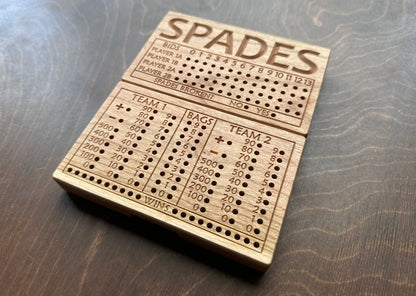 Folding Spades Score Board | Travel Size | Built-in Storage | Metal Pegs | Card Game | Personalized | Custom Engraving | Solid Cherry Wood