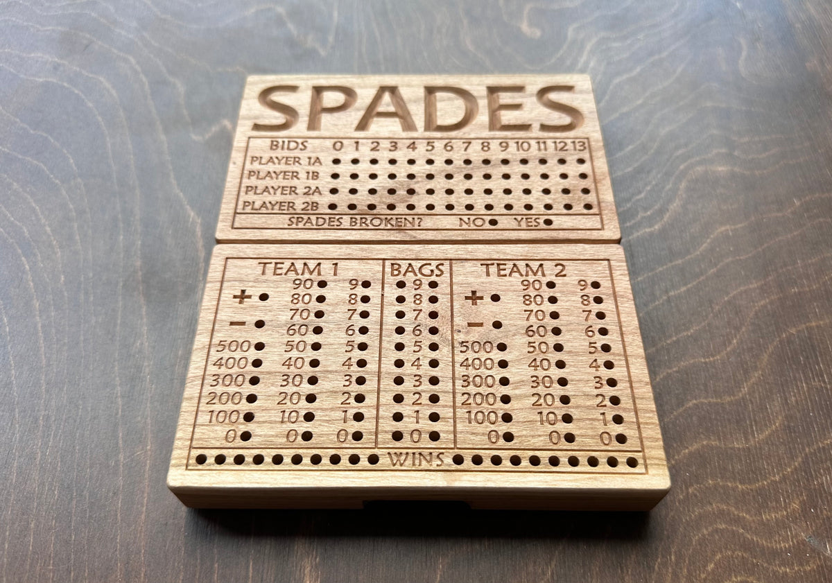 Folding Spades Score Board | Travel Size | Built-in Storage | Metal Pegs | Card Game | Personalized | Custom Engraving | Solid Cherry Wood
