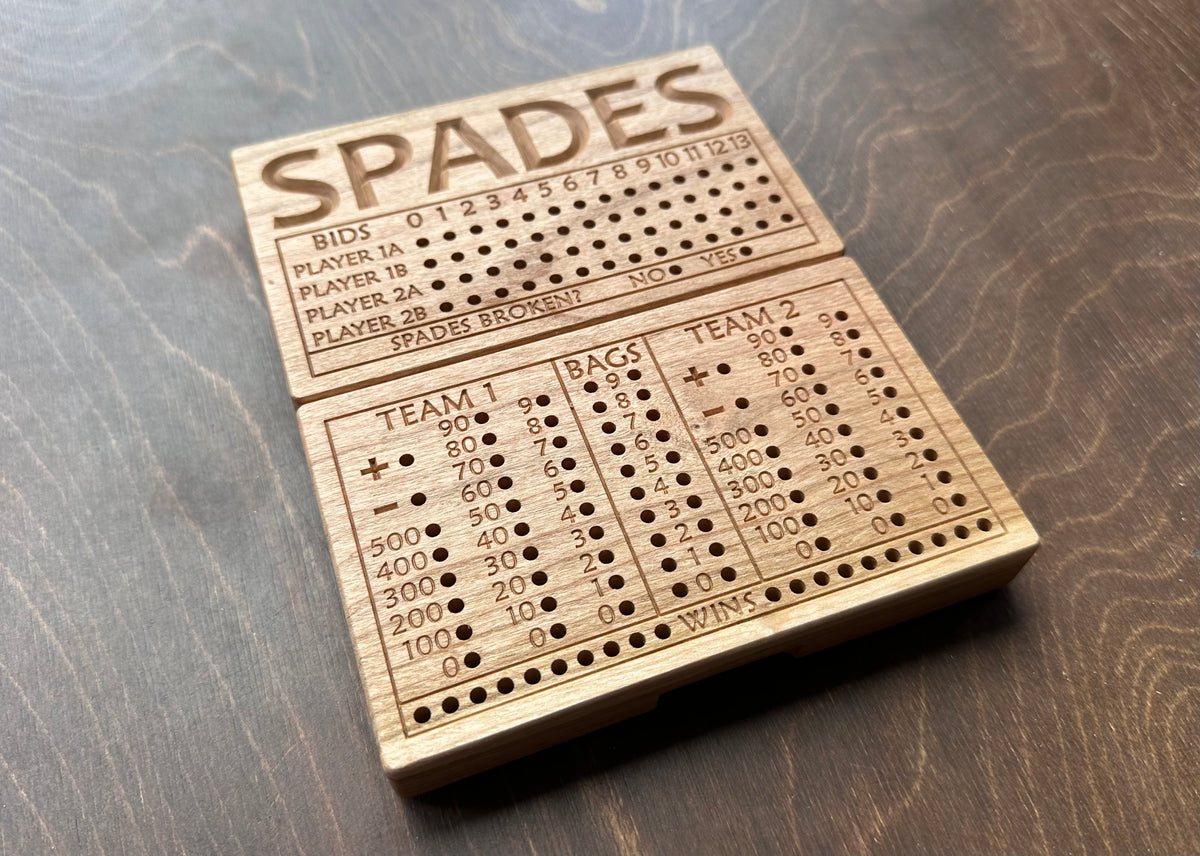 Folding Spades Score Board | Travel Size | Built-in Storage | Metal Pegs | Card Game | Personalized | Custom Engraving | Solid Cherry Wood