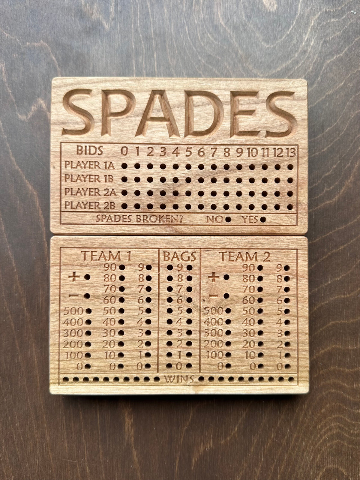 Folding Spades Score Board | Travel Size | Built-in Storage | Metal Pegs | Card Game | Personalized | Custom Engraving | Solid Cherry Wood