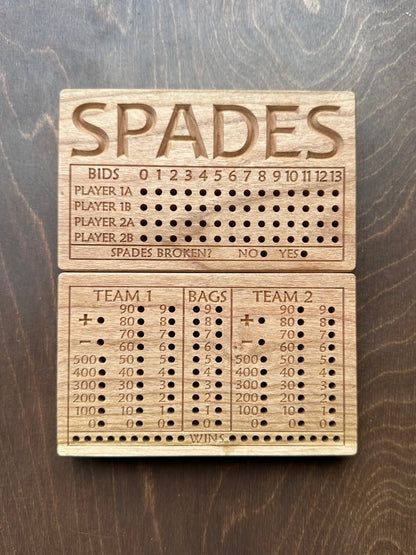 Folding Spades Score Board | Travel Size | Built-in Storage | Metal Pegs | Card Game | Personalized | Custom Engraving | Solid Cherry Wood