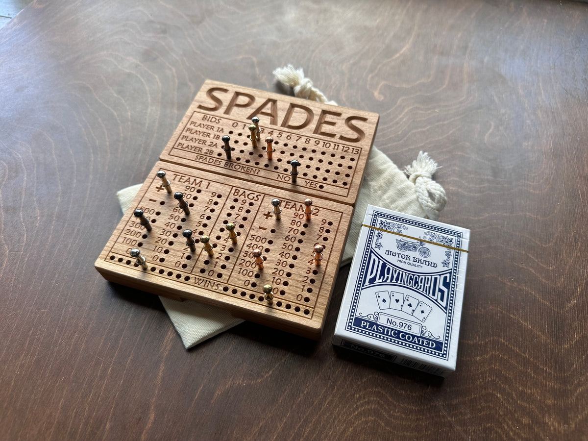 Folding Spades Score Board | Travel Size | Built-in Storage | Metal Pegs | Card Game | Personalized | Custom Engraving | Solid Cherry Wood