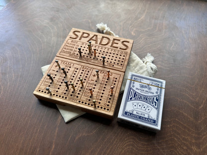 Folding Spades Score Board | Travel Size | Built-in Storage | Metal Pegs | Card Game | Personalized | Custom Engraving | Solid Cherry Wood