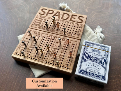 Folding Spades Score Board | Travel Size | Built-in Storage | Metal Pegs | Card Game | Personalized | Custom Engraving | Solid Cherry Wood