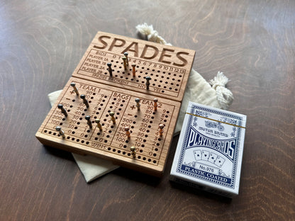 Folding Spades Score Board | Travel Size | Built-in Storage | Metal Pegs | Card Game | Personalized | Custom Engraving | Solid Cherry Wood