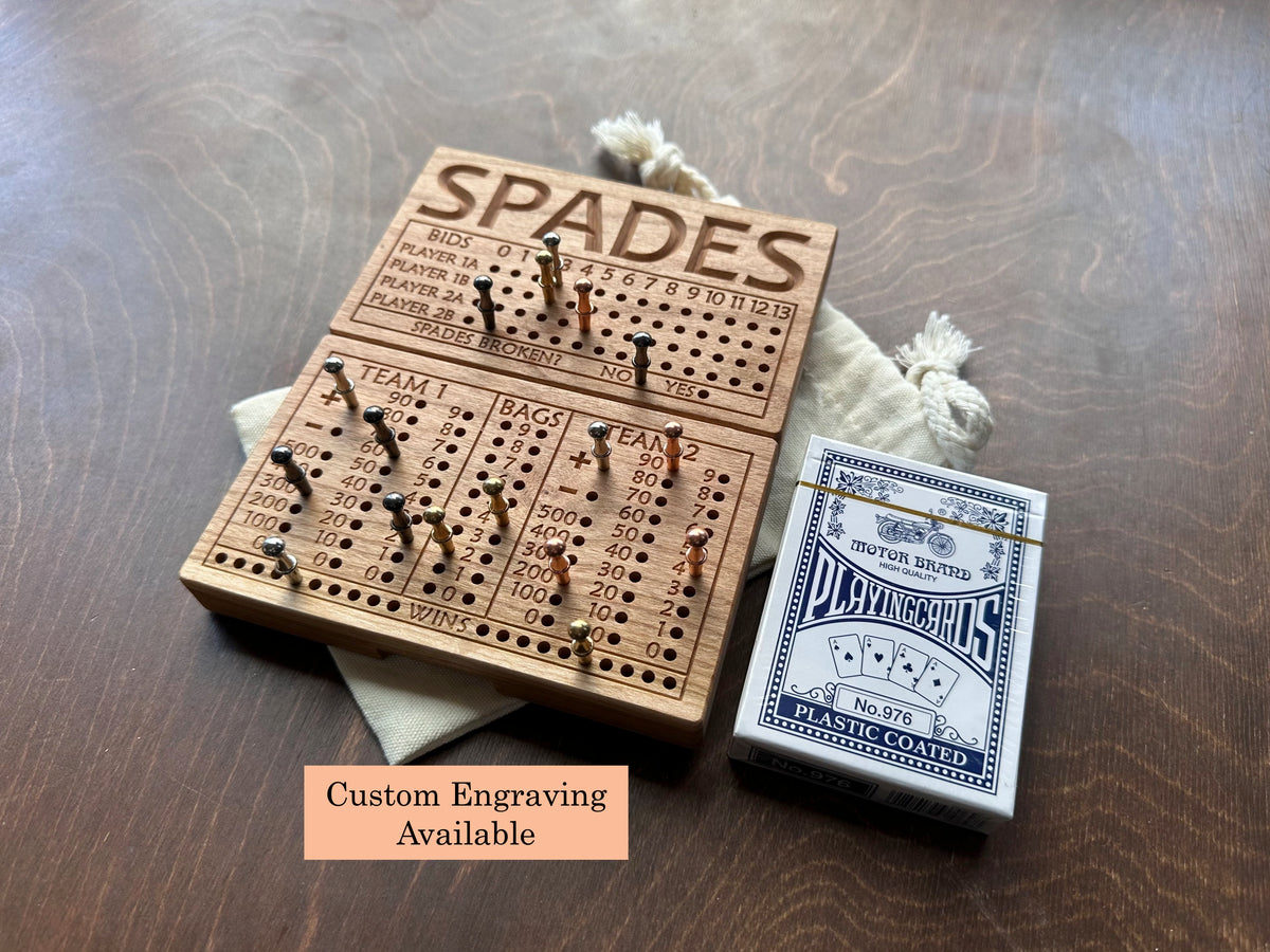 Folding Spades Score Board | Travel Size | Built-in Storage | Metal Pegs | Card Game | Personalized | Custom Engraving | Solid Cherry Wood