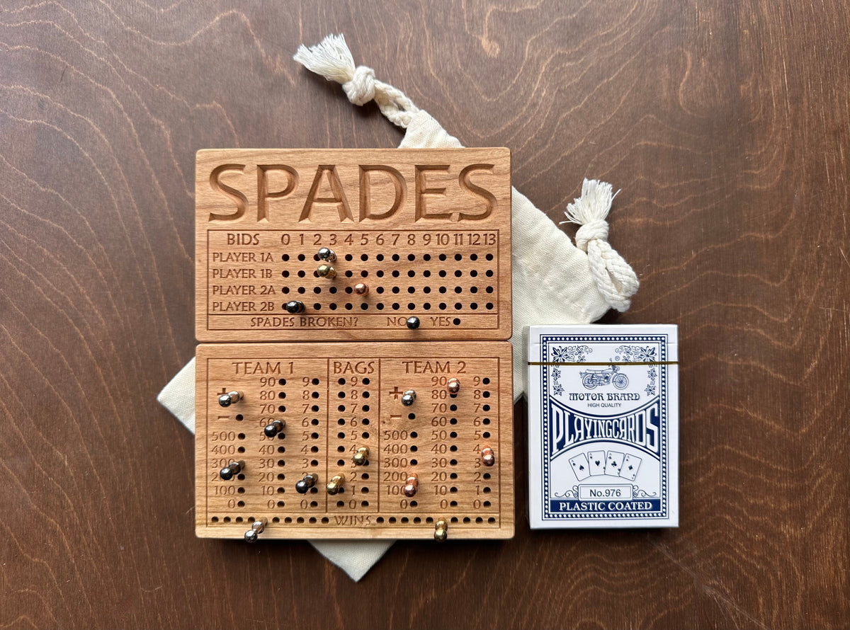 Folding Spades Score Board | Travel Size | Built-in Storage | Metal Pegs | Card Game | Personalized | Custom Engraving | Solid Cherry Wood