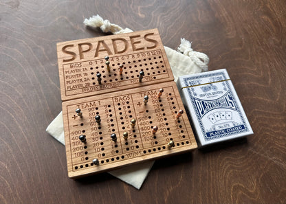 Folding Spades Score Board | Travel Size | Built-in Storage | Metal Pegs | Card Game | Personalized | Custom Engraving | Solid Cherry Wood