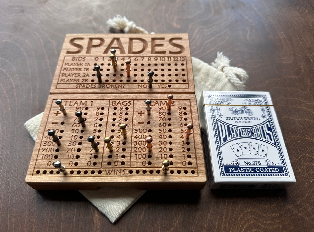 Folding Spades Score Board | Travel Size | Built-in Storage | Metal Pegs | Card Game | Personalized | Custom Engraving | Solid Cherry Wood
