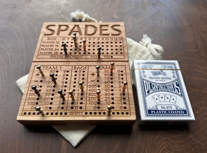 Folding Spades Score Board | Travel Size | Built-in Storage | Metal Pegs | Card Game | Personalized | Custom Engraving | Solid Cherry Wood