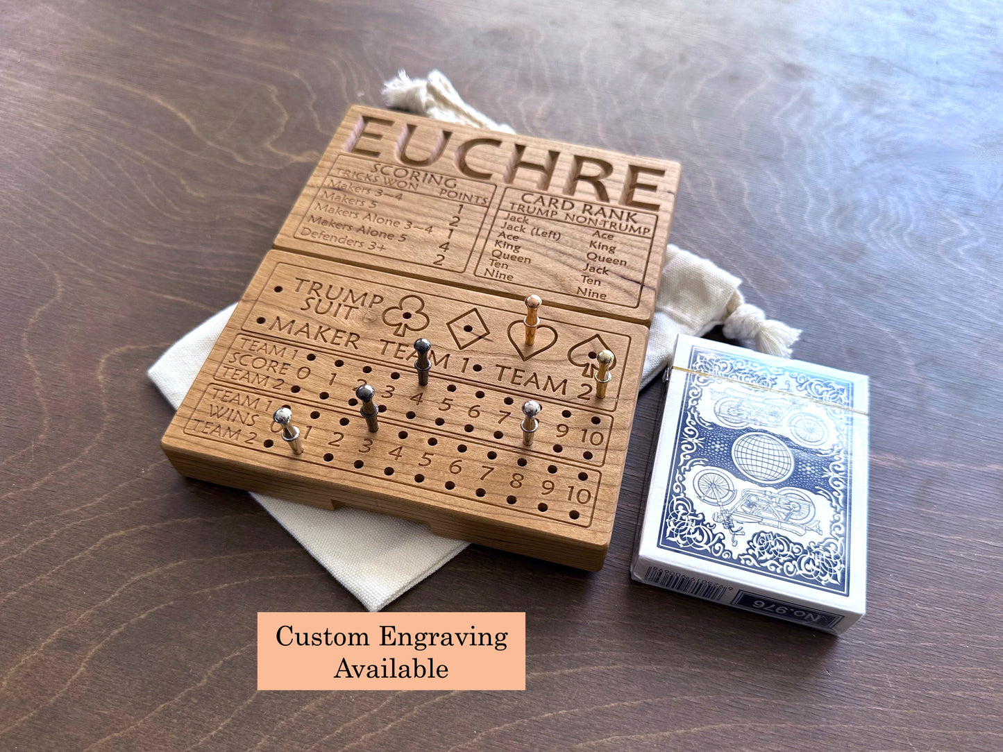Jeu de cribbage classique | Pliable | Format voyage | Portable | Rangement intégré | Piquets métalliques | Personnalisé | Votre logo | Bois dur de qualité supérieure