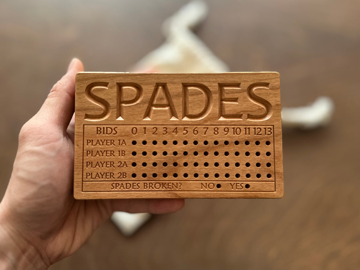 Folding Spades Score Board | Travel Size | Built-in Storage | Metal Pegs | Card Game | Personalized | Custom Engraving | Solid Cherry Wood