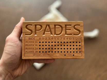 Folding Spades Score Board | Travel Size | Built-in Storage | Metal Pegs | Card Game | Personalized | Custom Engraving | Solid Cherry Wood
