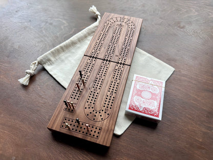 Folding Cribbage Board | 3 Tracks | Travel Size | Portable | Built-in Storage | Metal Pegs | Personalized Engraving | Premium Hardwood