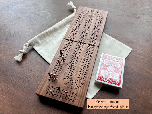 Folding Cribbage Board | 3 Tracks | Travel Size | Portable | Built-in Storage | Metal Pegs | Personalized Engraving | Premium Hardwood