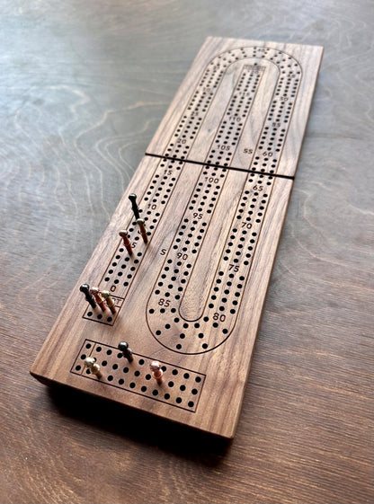 Folding Cribbage Board | 3 Tracks | Travel Size | Portable | Built-in Storage | Metal Pegs | Personalized Engraving | Premium Hardwood