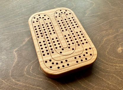 Travel Size Mini Cribbage Board | Metal Pegs | Card Game | Personalized | Carrying Bag | Built-in Storage | Solid Maple Cherry Walnut