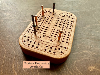 Travel Size Mini Cribbage Board | Metal Pegs | Card Game | Personalized | Carrying Bag | Built-in Storage | Solid Maple Cherry Walnut