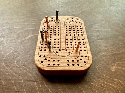 Travel Size Mini Cribbage Board | Metal Pegs | Card Game | Personalized | Carrying Bag | Built-in Storage | Solid Maple Cherry Walnut