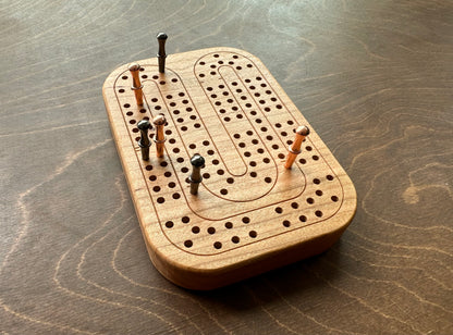 Travel Size Mini Cribbage Board | Metal Pegs | Card Game | Personalized | Carrying Bag | Built-in Storage | Solid Maple Cherry Walnut