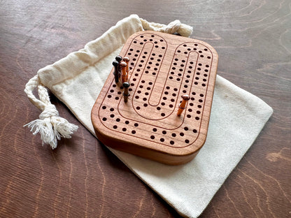 Travel Size Mini Cribbage Board | Metal Pegs | Card Game | Personalized | Carrying Bag | Built-in Storage | Solid Maple Cherry Walnut
