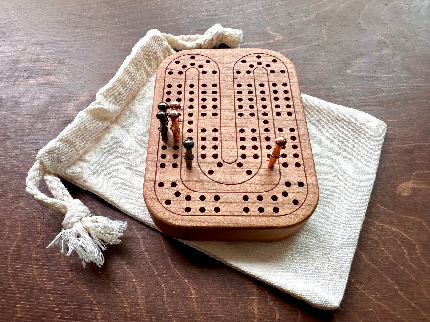 Travel Size Mini Cribbage Board | Metal Pegs | Card Game | Personalized | Carrying Bag | Built-in Storage | Solid Maple Cherry Walnut