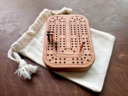 Travel Size Mini Cribbage Board | Metal Pegs | Card Game | Personalized | Carrying Bag | Built-in Storage | Solid Maple Cherry Walnut