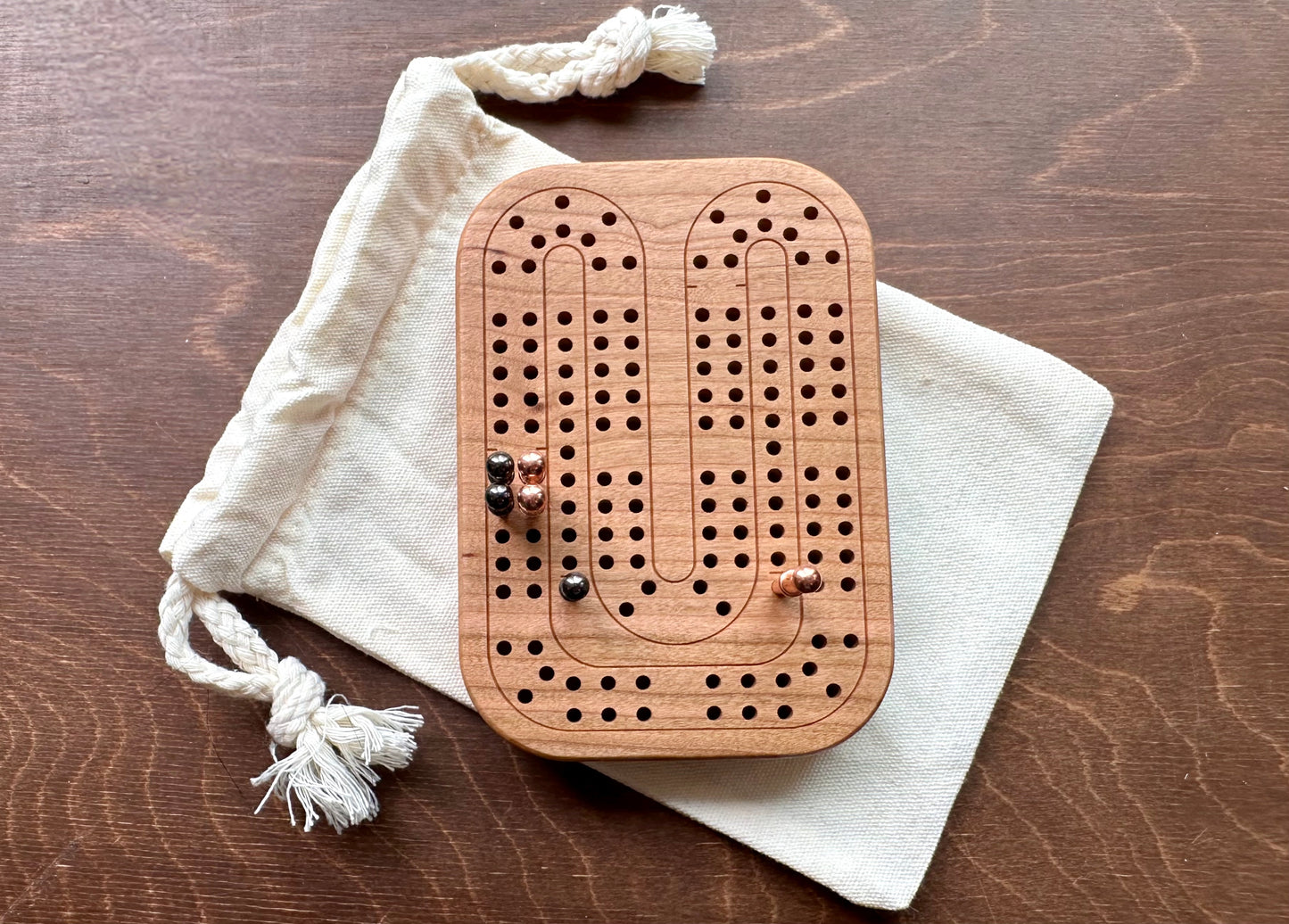 Travel Size Mini Cribbage Board | Metal Pegs | Card Game | Personalized | Carrying Bag | Built-in Storage | Solid Maple Cherry Walnut