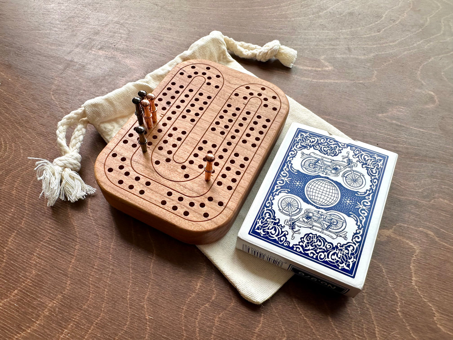Travel Size Mini Cribbage Board | Metal Pegs | Card Game | Personalized | Carrying Bag | Built-in Storage | Solid Maple Cherry Walnut