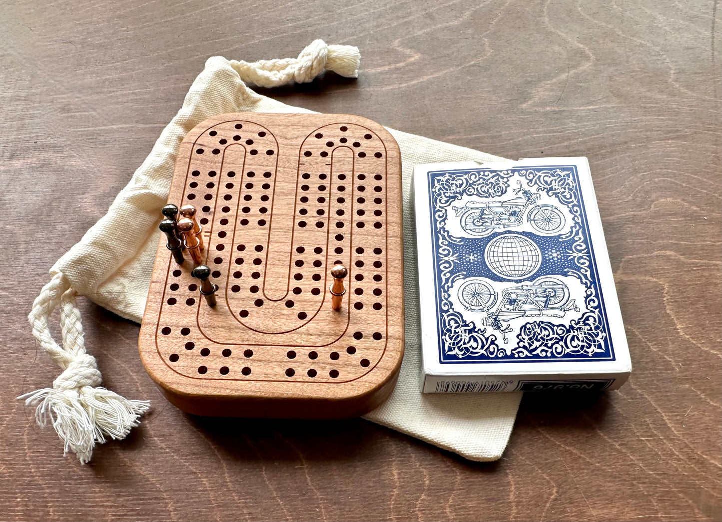 Travel Size Mini Cribbage Board | Metal Pegs | Card Game | Personalized | Carrying Bag | Built-in Storage | Solid Maple Cherry Walnut