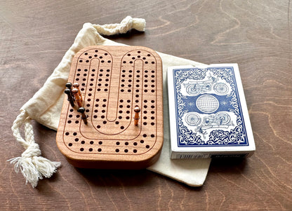 Travel Size Mini Cribbage Board | Metal Pegs | Card Game | Personalized | Carrying Bag | Built-in Storage | Solid Maple Cherry Walnut