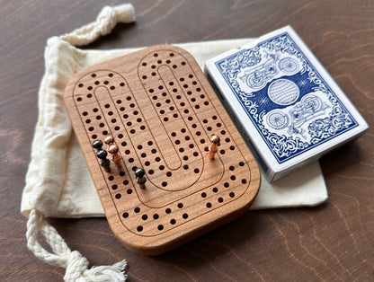 Travel Size Mini Cribbage Board | Metal Pegs | Card Game | Personalized | Carrying Bag | Built-in Storage | Solid Maple Cherry Walnut