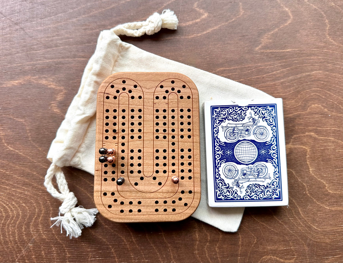 Travel Size Mini Cribbage Board | Metal Pegs | Card Game | Personalized | Carrying Bag | Built-in Storage | Solid Maple Cherry Walnut