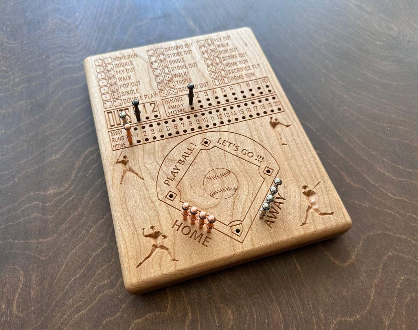 Dice Baseball Board Game | Travel Size | Built-in Storage | Dice Game | Metal Pegs | Personalized | Your Logo | Solid Hardwood
