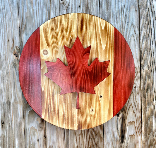 Drapeau du Canada rond en bois 3D de 16 po | Rouge et naturel | Prêt à expédier