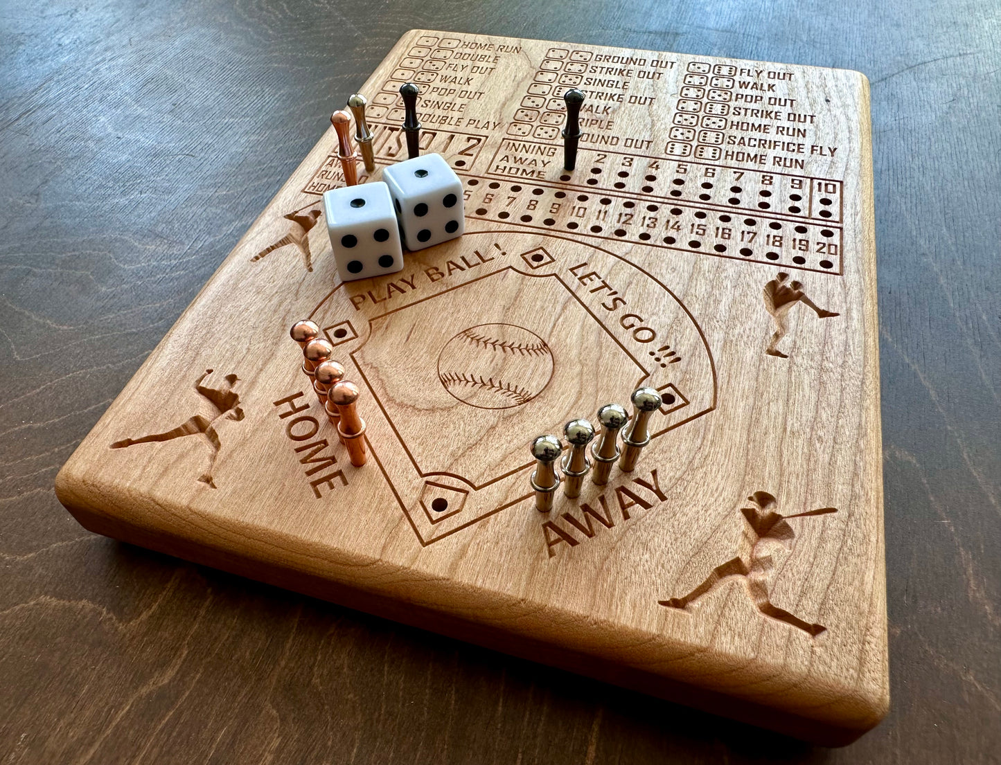 Dice Baseball Board Game | Travel Size | Built-in Storage | Dice Game | Metal Pegs | Personalized | Your Logo | Solid Hardwood