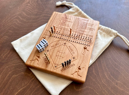Jeu de société de baseball avec dés | Pliable | Format voyage | Rangement intégré | Jeu de dés | Piquets métalliques | Personnalisé | Votre logo | Bois dur de qualité supérieure
