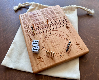 Jeu de société de baseball avec dés | Pliable | Format voyage | Rangement intégré | Jeu de dés | Piquets métalliques | Personnalisé | Votre logo | Bois dur de qualité supérieure