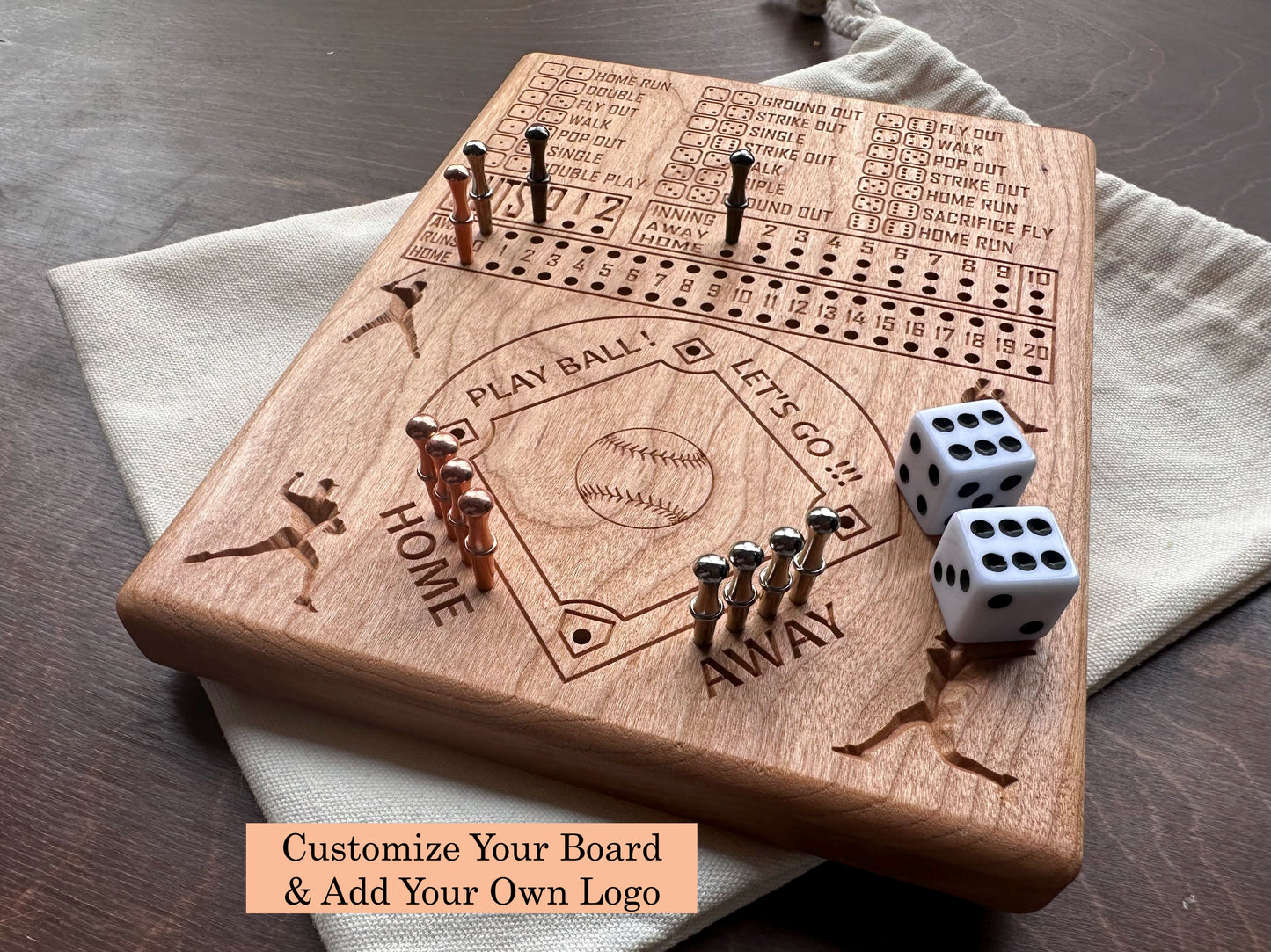 Dice Baseball Board Game | Travel Size | Built-in Storage | Dice Game | Metal Pegs | Personalized | Your Logo | Solid Hardwood