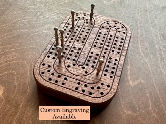 Travel Size Mini Cribbage Board | Metal Pegs | Card Game | Personalized | Carrying Bag | Built-in Storage | Solid Maple Cherry Walnut