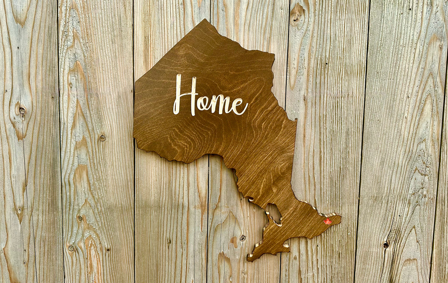 Ontario Map Home Wood Sign with A Maple Leaf Marking the Ottawa Location