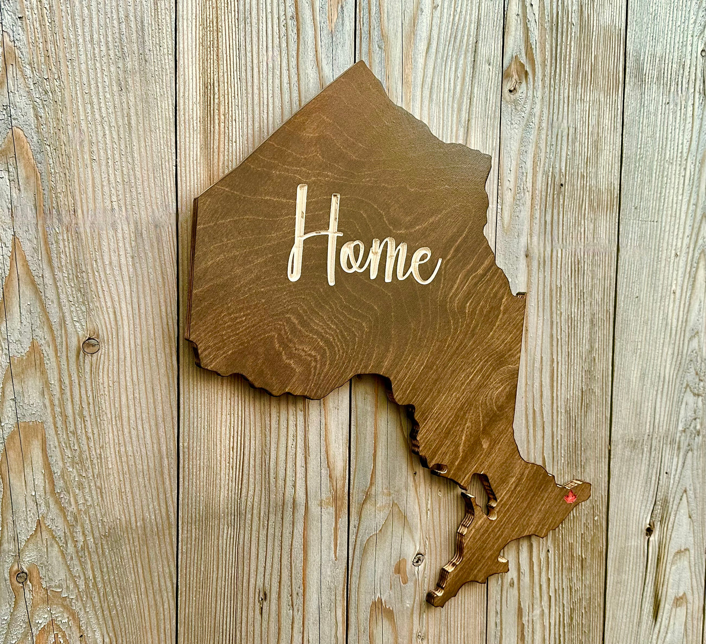 Ontario Map Home Wood Sign with A Maple Leaf Marking the Ottawa Location