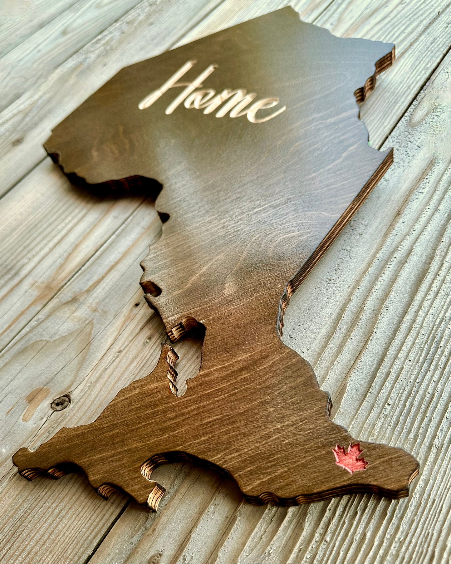 Ontario Map Home Wood Sign with A Maple Leaf Marking the Ottawa Location