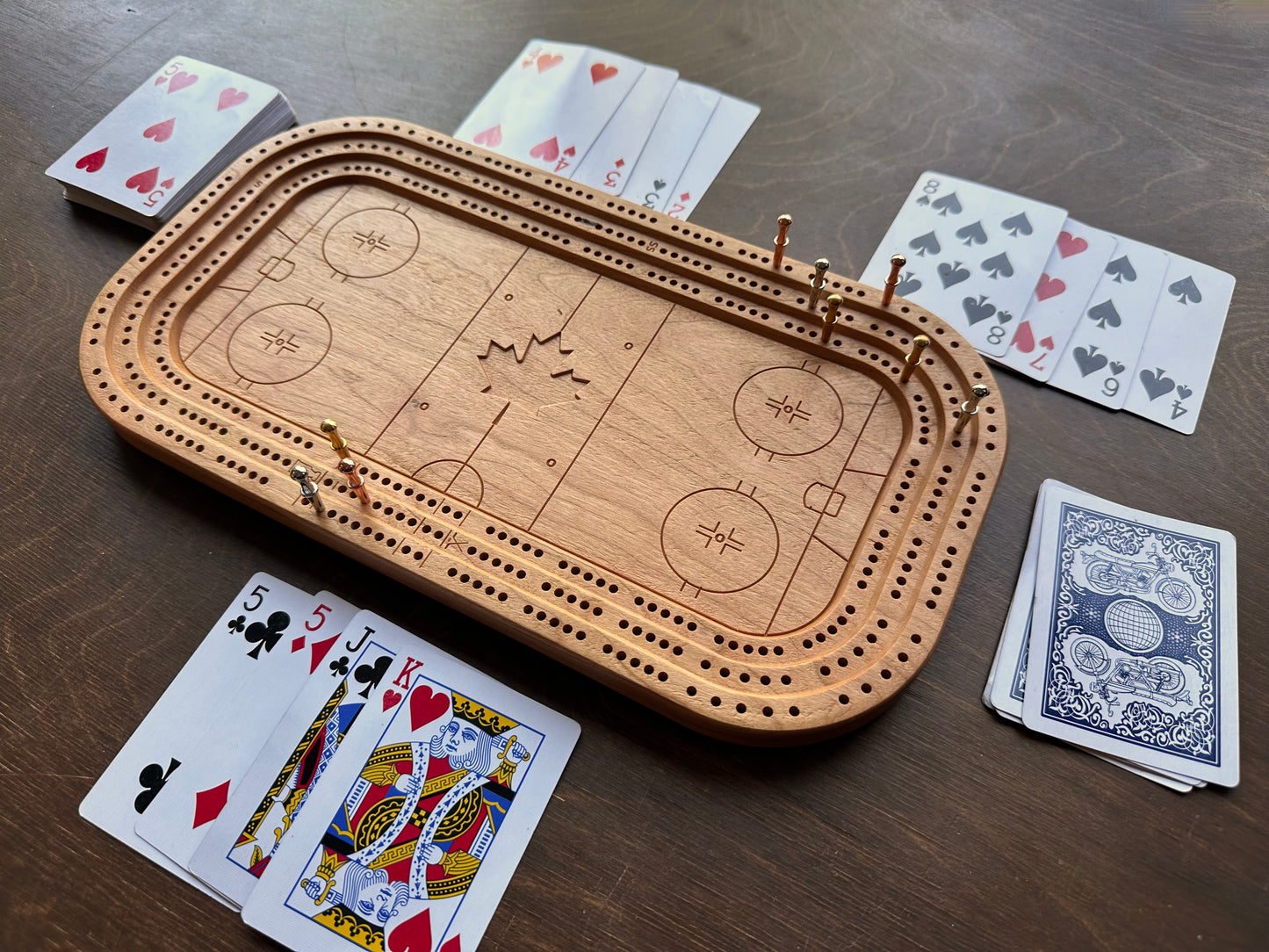 Hockey Rink Arena Cribbage Board | Metal Pegs | Peg Storage | Personalized | Custom Logo | Solid Hardwood | Maple Leaf | Sticks & Puck