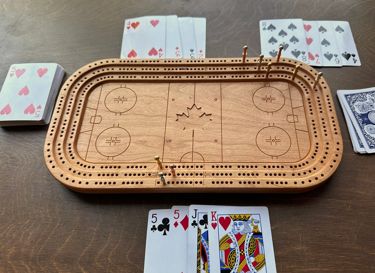 Hockey Rink Arena Cribbage Board | Metal Pegs | Peg Storage | Personalized | Custom Logo | Solid Hardwood | Maple Leaf | Sticks & Puck