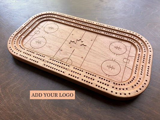 Hockey Rink Arena Cribbage Board | Metal Pegs | Peg Storage | Personalized | Custom Logo | Solid Hardwood | Maple Leaf | Sticks & Puck