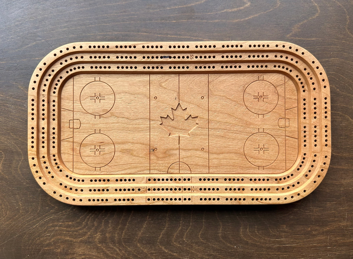 Hockey Rink Arena Cribbage Board | Metal Pegs | Peg Storage | Personalized | Custom Logo | Solid Hardwood | Maple Leaf | Sticks & Puck